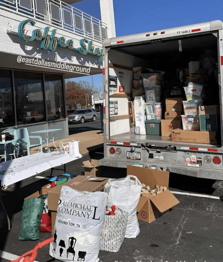 East Dallas residents gather and contribute generously to a local donation drive, filling boxes and bags with essential items to support  Southern California rebuild. 